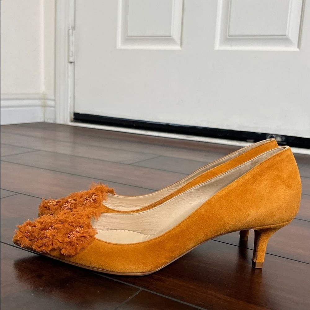 Oscar de la Renta Women's Rust Orange Suede Heels Beaded‎ size 38.5 New - Picture 4 of 10